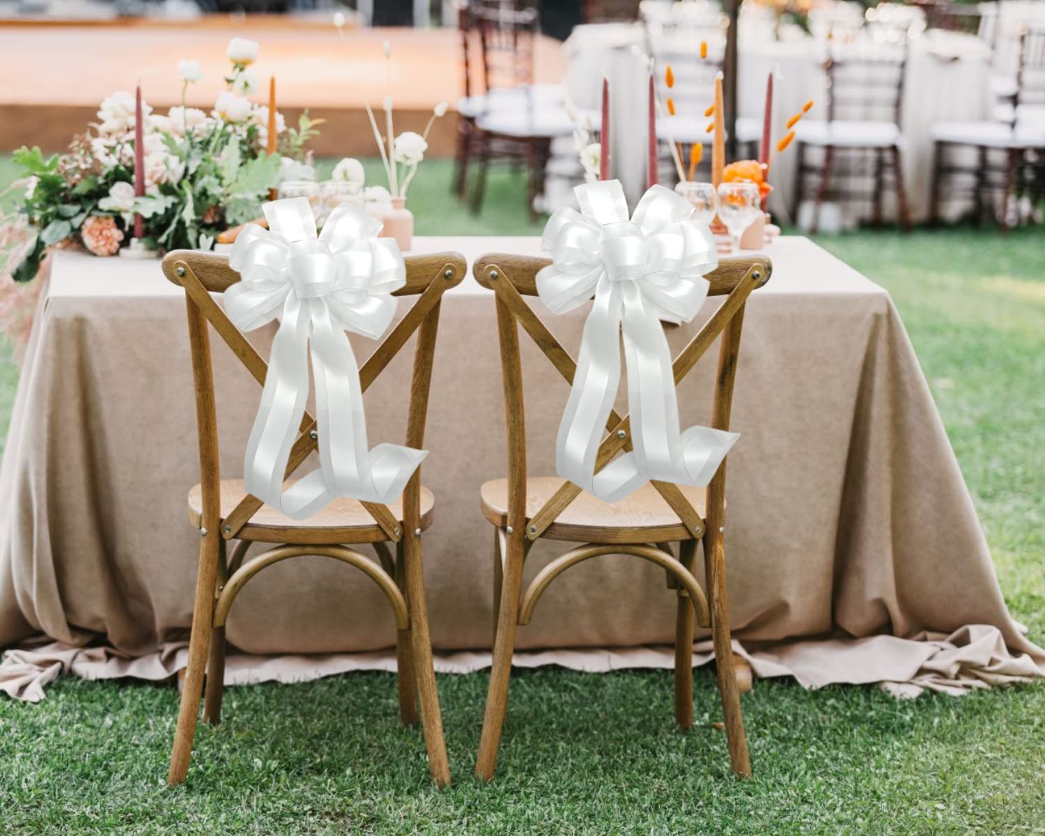 Large 10'' White Wedding Pew Bows - Wired Satin Organza Ribbon, 18'' Long With Tails, Set Of 6, Aisle Decorations, Reception, Br